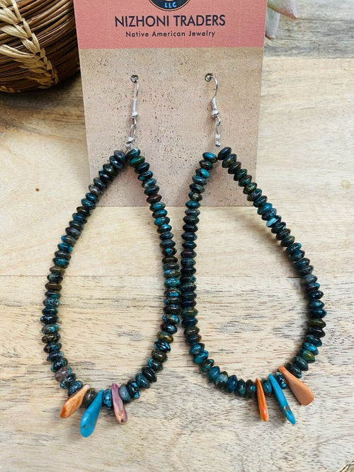 Turquoise & Spiny Oyster Beaded Dangle Hoop Earrings