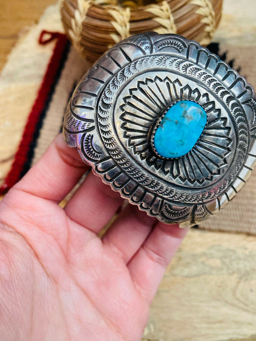 Handcrafted Vintage Turquoise & Hand Stamped Sterling Silver Cuff Bracelet