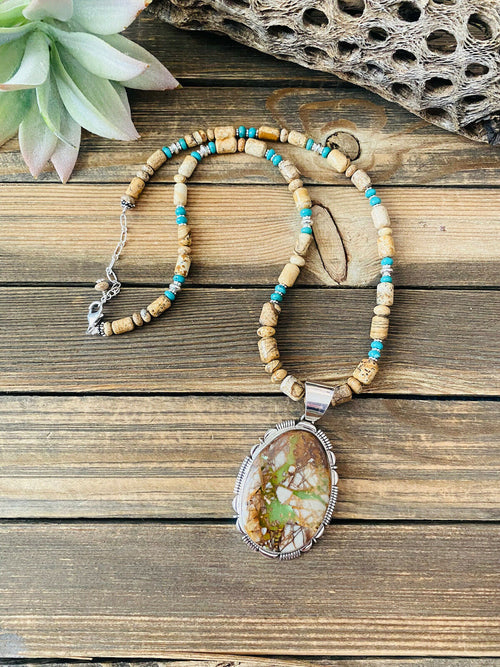 Handcrafted Jasper, Turquoise And Sterling Silver Beaded Necklace & Pendant Signed