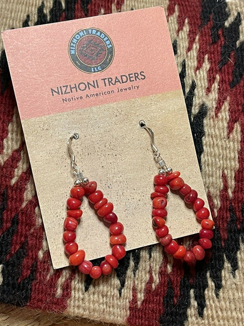 Handcrafted Sterling Silver Bead Apple Coral Dangle 2”Long Hoop Earrings