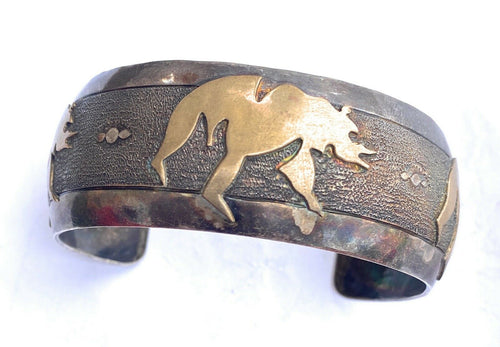 Handcrafted Vintage Sterling Silver & Copper Bear Cuff Bracelet Signed