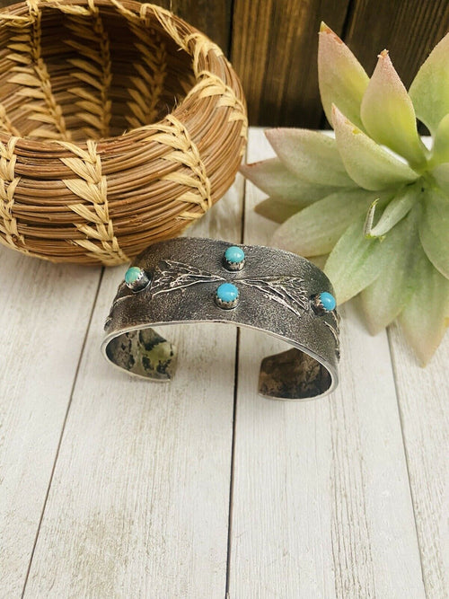 Handcrafted Old Pawn Vintage Turquoise & Sterling Silver Tufa Cast Cuff Bracelet /
