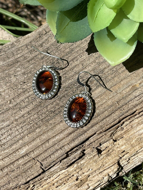 Handcrafted Sterling Silver and Bead Dot Style Amber Dangle Earrings
