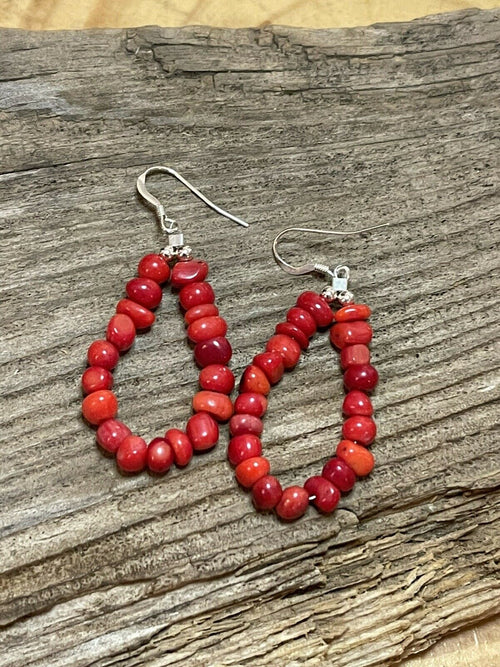 Handcrafted Sterling Silver Bead Apple Coral Dangle 2”Long Hoop Earrings