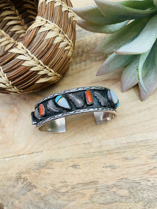 Handcrafted Vintage Multi Stone & Sterling Silver Cuff Bracelet /