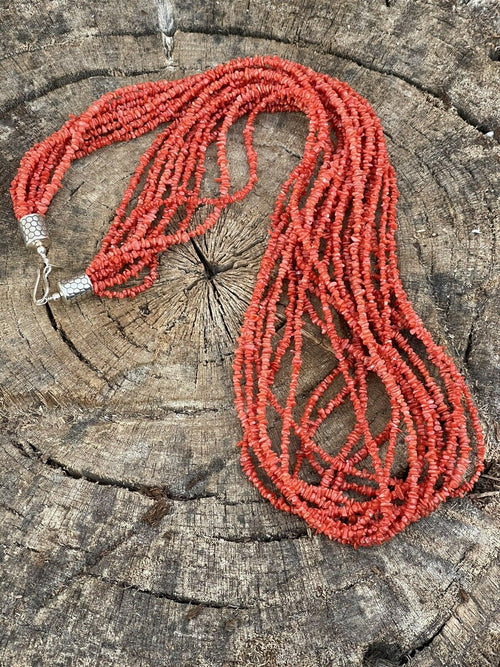 Handcrafted Sterling Silver Pink Coral 10 Strand Bead Necklack