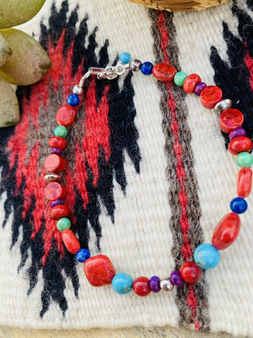 Handcrafted Coral & Multi Stone Sterling Silver Beaded Bracelet