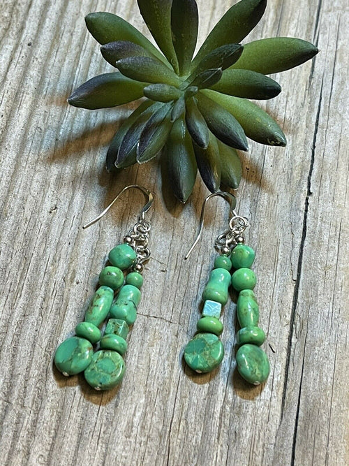 Handcrafted Sterling Dyed Green Kingman Turquoise Multi Bead Earrings