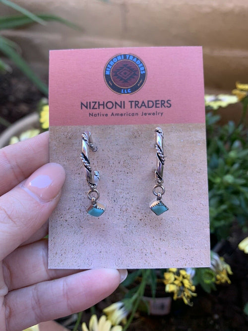 Handcrafted Turquoisee & Sterling Silver Braided Charm Hoops