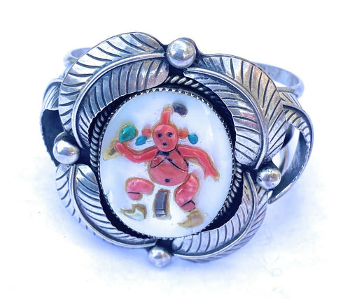 Vintage Zuni Multi Stone & Sterling Silver Inlay Mud Head Cuff Bracelet Signed /