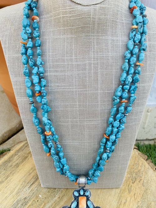 Handcrafted Vintage Sterling Silver, Turquoise & Spiny Beaded Necklace