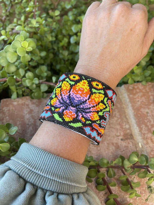 Handcrafted Beaded Flower Lotus Cuff Bracelet