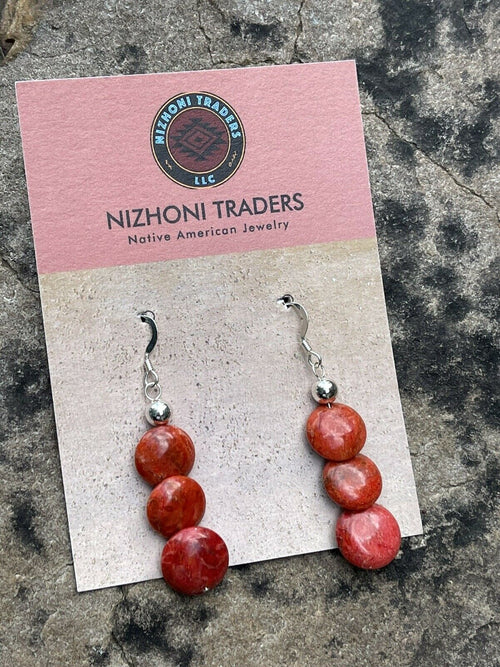 Handcrafted Sterling Silver Apple Coral 3 Bead Dangle Earrings
