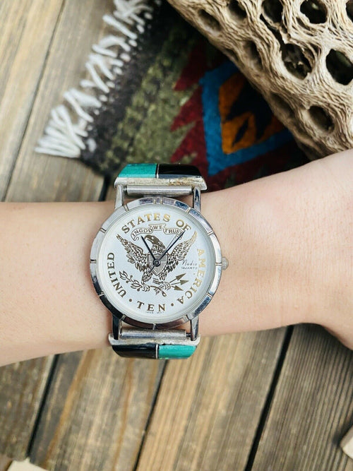 Handcrafted Old Pawn Vintage Onyx, Malachite, Opal & Sterling Silver Inlay Watch