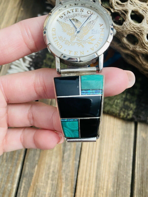 Handcrafted Old Pawn Vintage Onyx, Malachite, Opal & Sterling Silver Inlay Watch