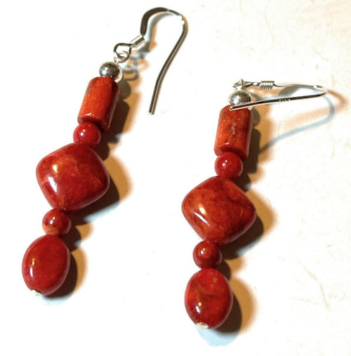 Handcrafted Sterling Silver Apple Coral Strand Beaded Earrings
