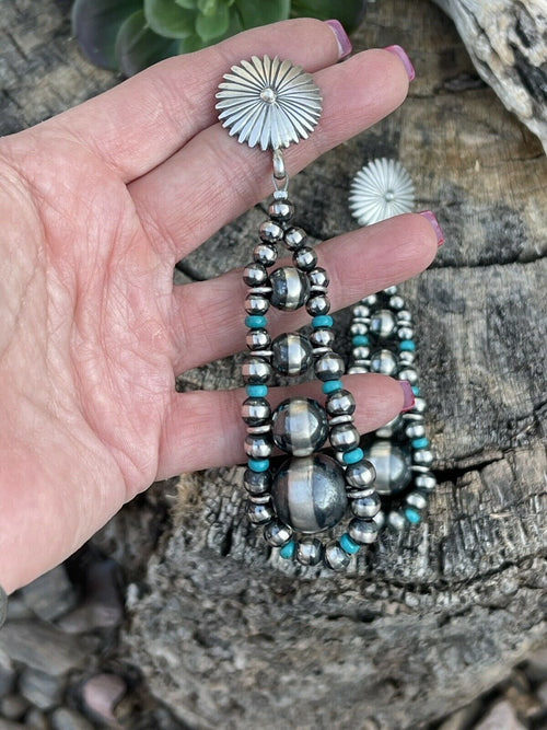 Handcrafted Sterling Silver Turquoise Gradual Bead Dangle Earrings