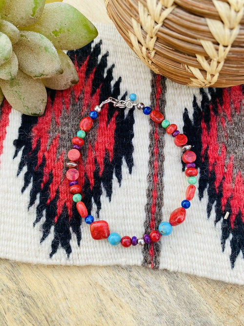 Handcrafted Coral & Multi Stone Sterling Silver Beaded Bracelet