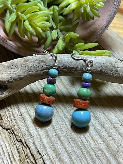 Handcrafted Sterling Silver Multi Stone Round Bead Dangle Earrings