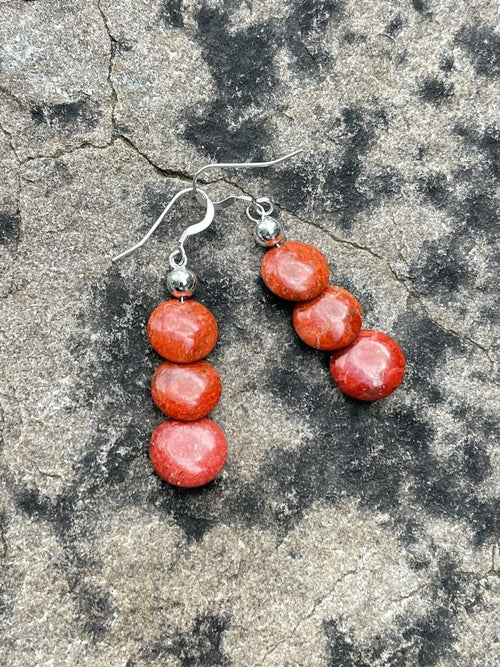Handcrafted Sterling Silver Apple Coral 3 Bead Dangle Earrings