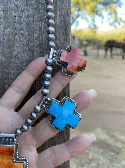 Handcrafted Buffalo Dancer Kingman Turquoise & Spiny Sterling Cross Beaded Necklace Signed
