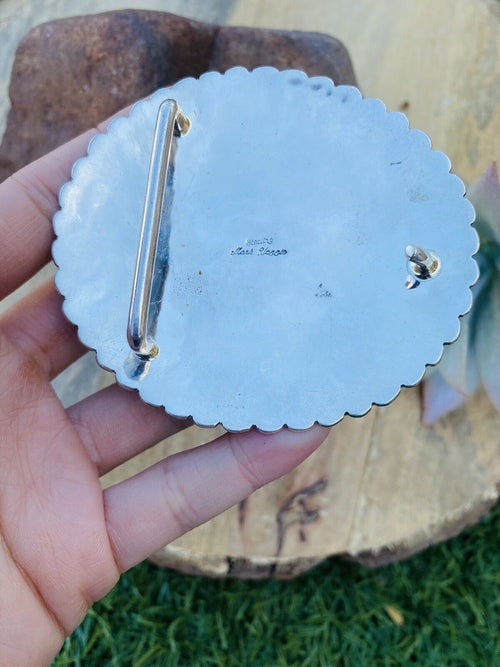 Vintage Navajo Hand Stamped Sterling Silver Belt Buckle Signed