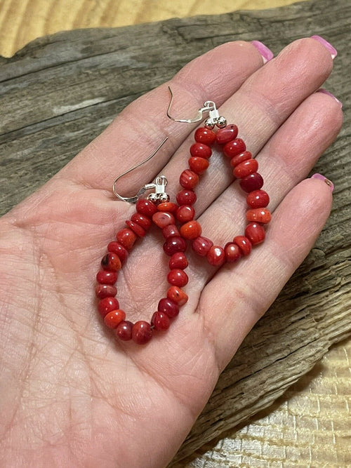 Handcrafted Sterling Silver Bead Apple Coral Dangle 2”Long Hoop Earrings