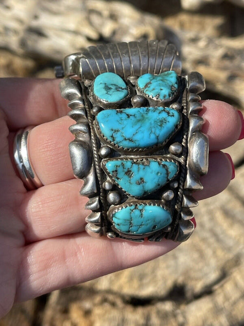 Vintage Handcrafted Sterling Silver & Kingman Turquoise Non Working Watch Bracelet