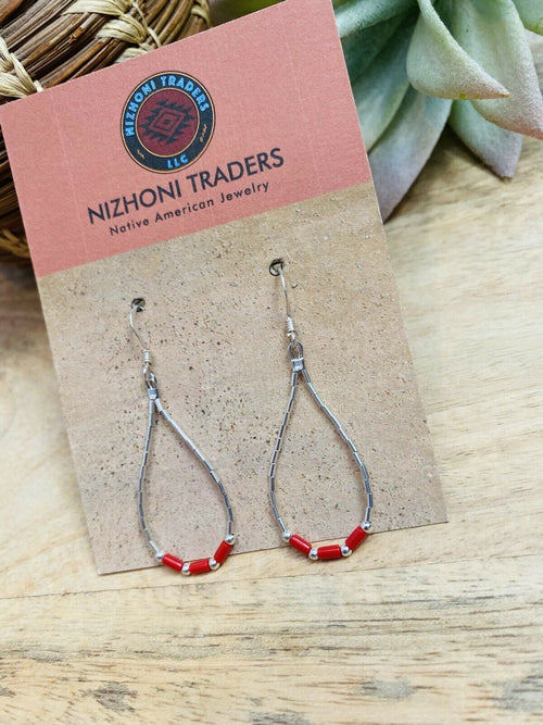 Handcrafted Sterling Liquid Silver & Coral Beaded Dangle Earrings