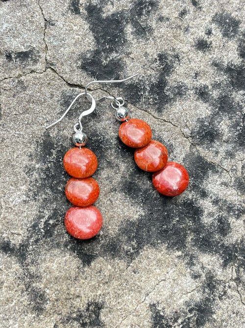 Handcrafted Sterling Silver Apple Coral 3 Bead Dangle Earrings