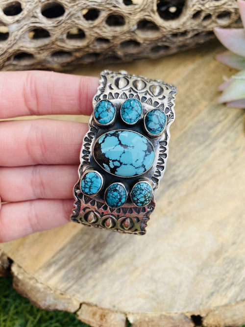 Vintage Navajo Turquoise & Sterling Silver Hand Stamped Cuff Bracelet /