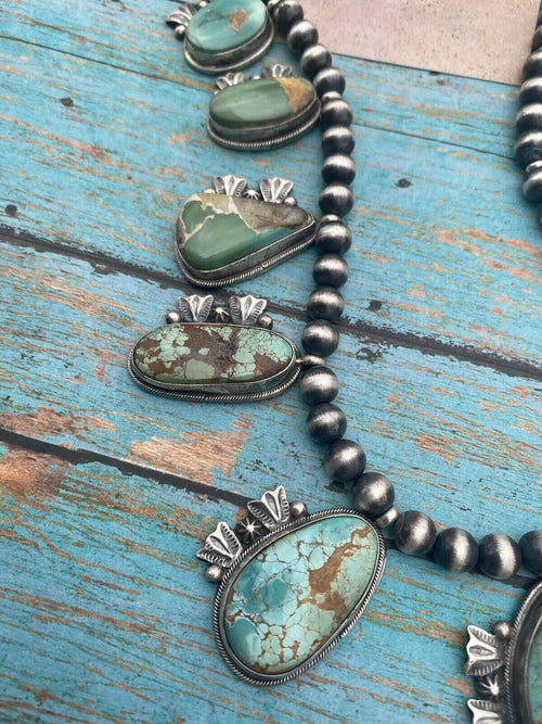Stunning Handcrafted Sterling Silver Royston Turquoise Beaded Necklace & Earring Set by Bobby Johnson