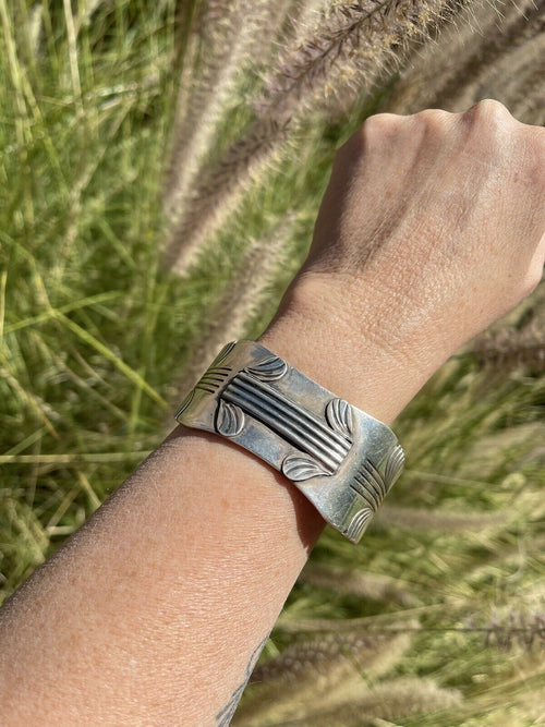 Handcrafted Vintage Sterling Silver Sleek Lined Cuff Bracelet by Steve Yellowhorse