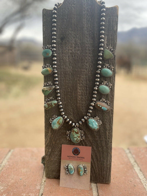 Stunning Handcrafted Sterling Silver Royston Turquoise Beaded Necklace & Earring Set by Bobby Johnson
