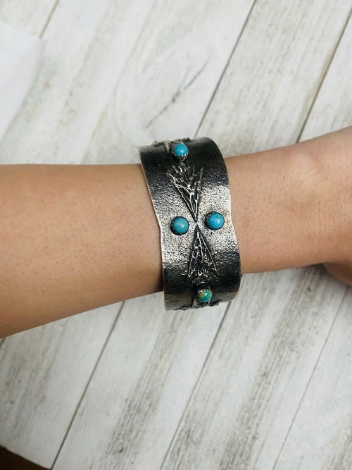 Handcrafted Old Pawn Vintage Turquoise & Sterling Silver Tufa Cast Cuff Bracelet /