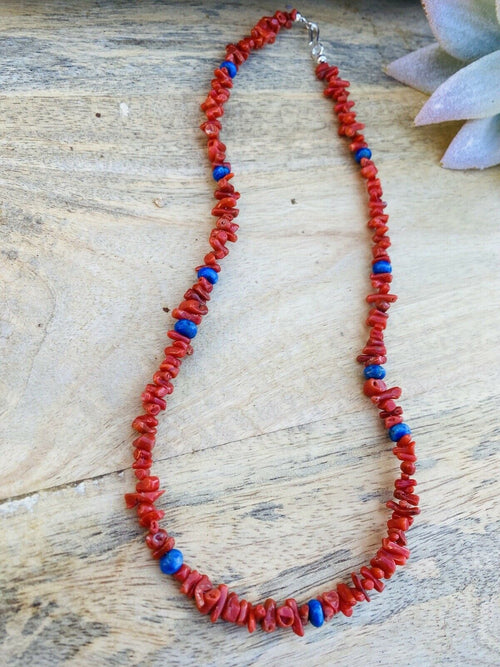 Handcrafted Apple Coral & Lapis Beaded Necklace