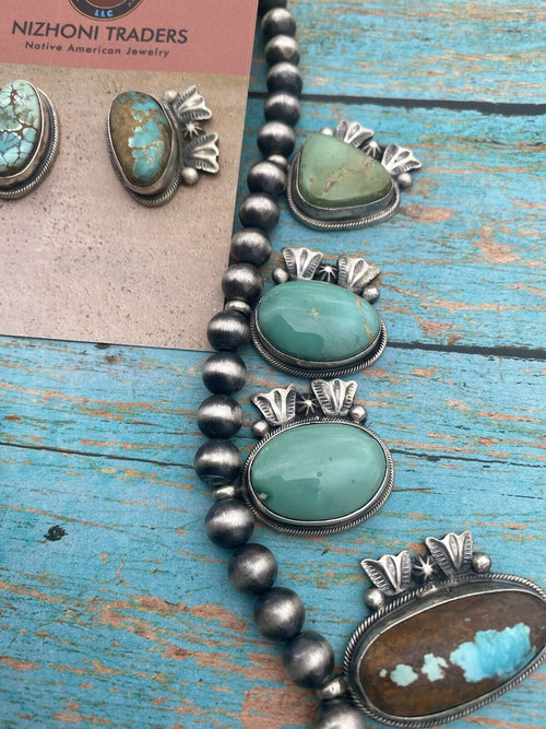 Stunning Handcrafted Sterling Silver Royston Turquoise Beaded Necklace & Earring Set by Bobby Johnson