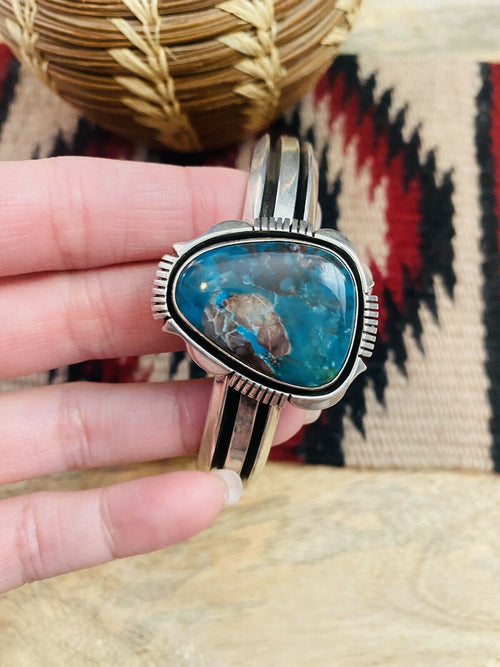 Handcrafted Vintage Royston Turquoise & Sterling Silver Cuff Bracelet Signed