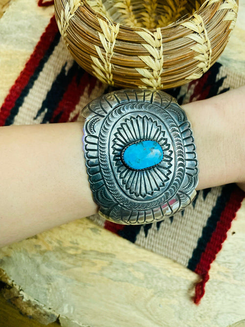 Handcrafted Vintage Turquoise & Hand Stamped Sterling Silver Cuff Bracelet
