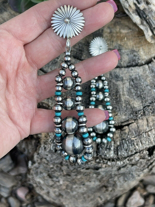 Handcrafted Sterling Silver Turquoise Gradual Bead Dangle Earrings