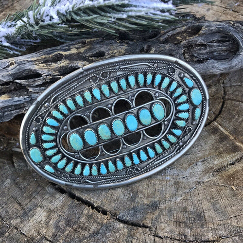 Handcrafted Vintage Jumbo Sterling Silver & Royston Turquoise Pin / Pendant