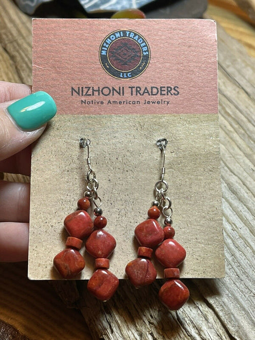 Handcrafted Sterling Silver Apple Coral 2 Strand Beaded Earrings