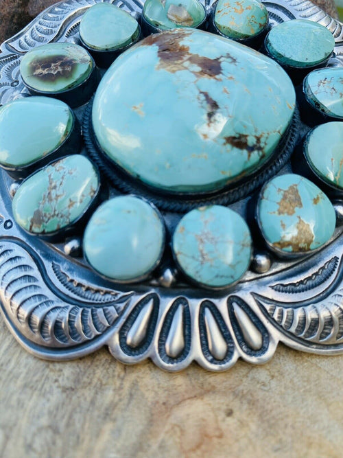 Handcrafted Stunning Vintage Number 8 Turquoise & Sterling Silver Belt Buckle Signed