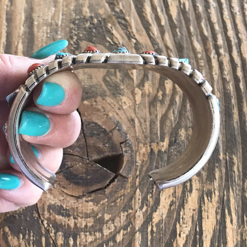 Handcrafted Vintage Turquoise & Natural Red Coral Sterling Silver Cuff Bracelet /