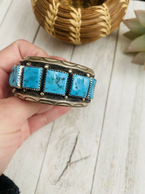 Navajo Old Pawn Vintage Kingman Turquoise & Sterling Silver Cuff Bracelet /