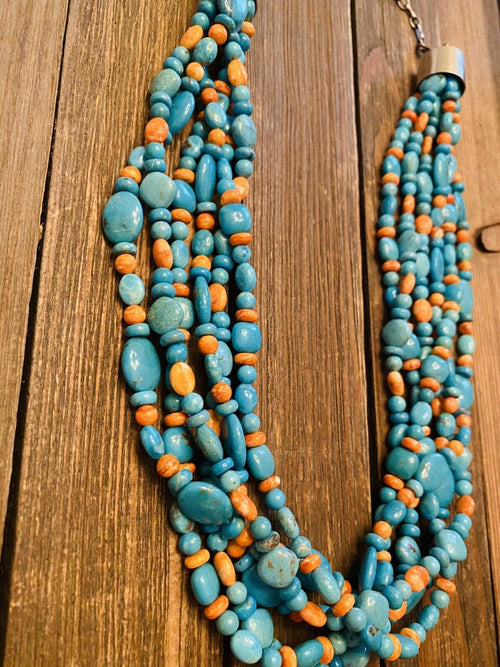 Handcrafted Turquoise, Spiny & Sterling Silver 6-Strand Beaded Necklace
