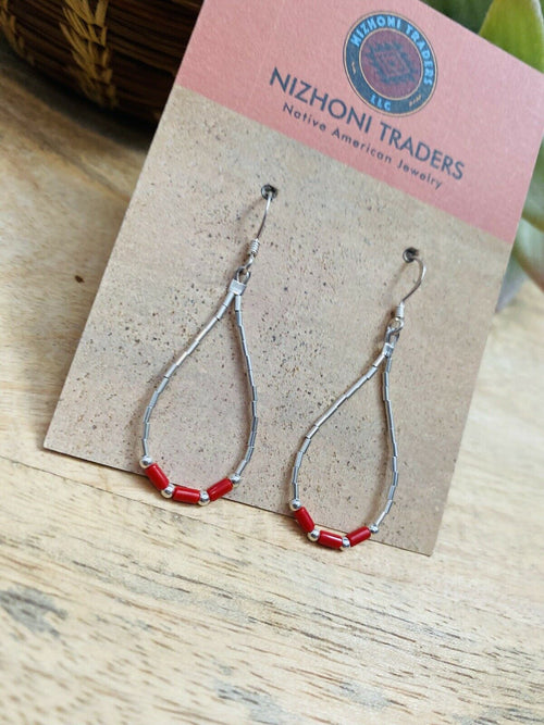 Handcrafted Sterling Liquid Silver & Coral Beaded Dangle Earrings