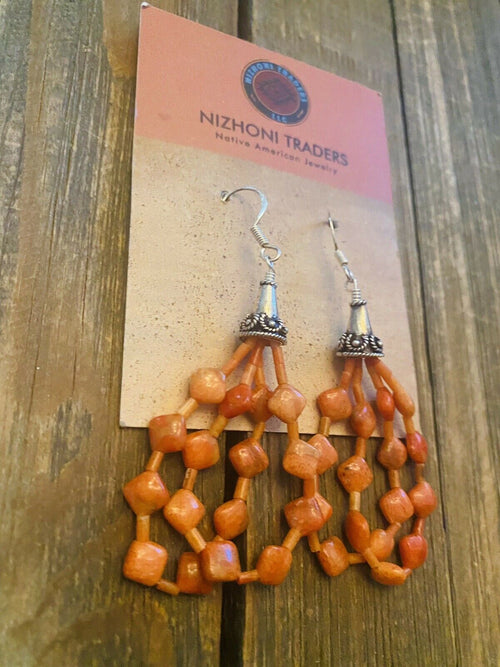 Handcrafted Sterling Silver Apple Coral Beaded Dangle Earrings