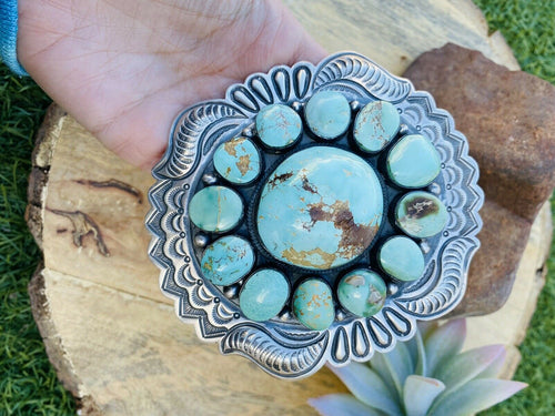 Handcrafted Stunning Vintage Number 8 Turquoise & Sterling Silver Belt Buckle Signed