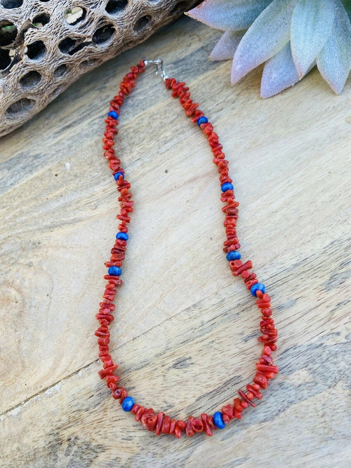 Handcrafted Apple Coral & Lapis Beaded Necklace